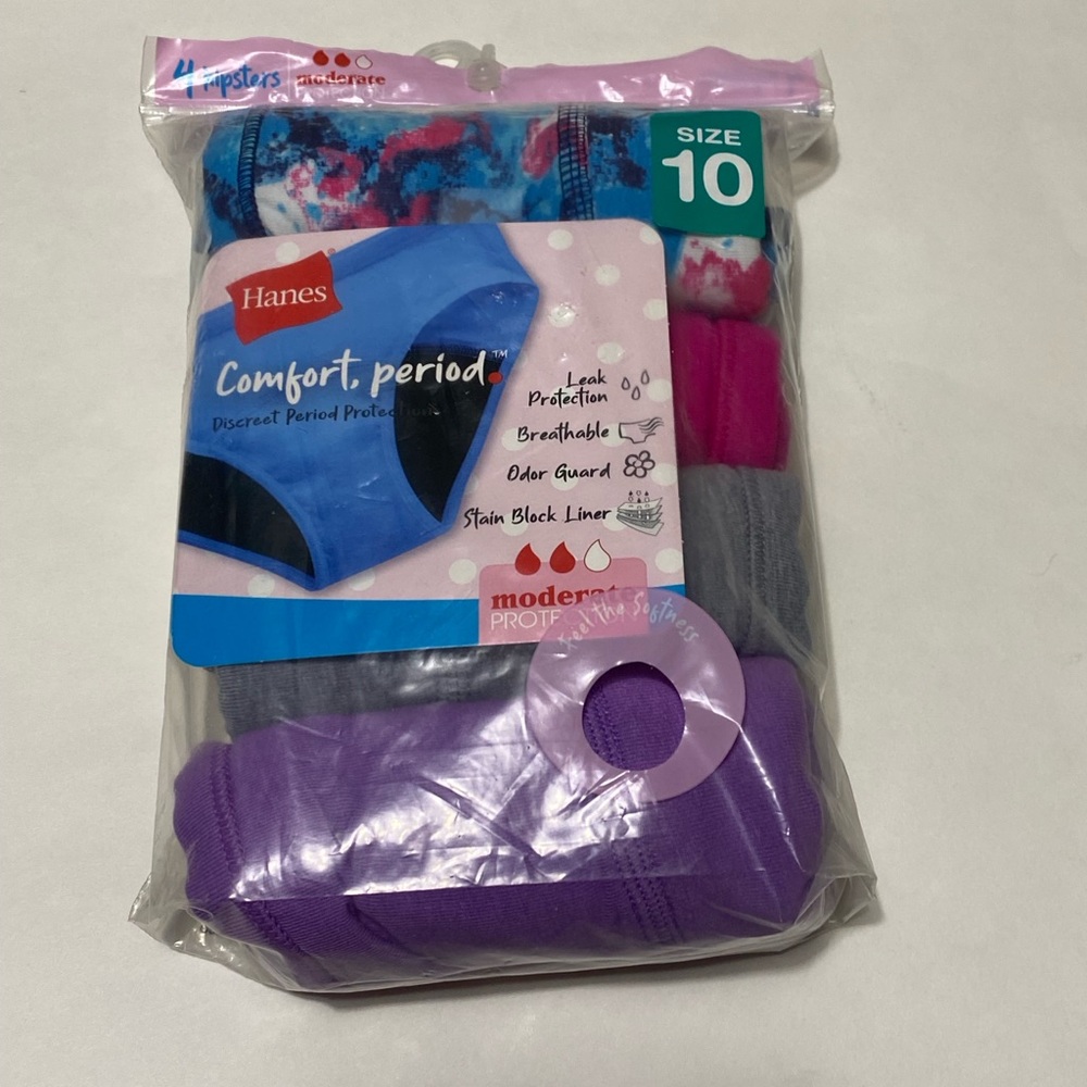 Hanes Girls Hipster Period Underwear 4 Pack Moderate Protection Size 10 NIew